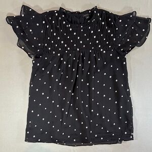 Ann Taylor Black Floral Dot Blouse Flutter Sleeve Smocked Top Size L